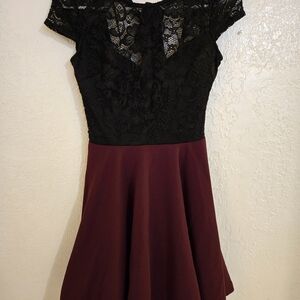 B. Smart Black Lace and Burgundy Mini Dress